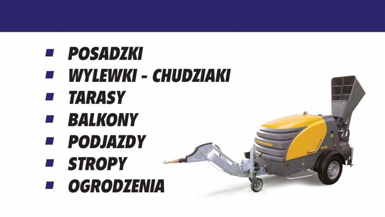 Grafika reklamowa prezentująca maszynę do wylewania posadzek, z listą zastosowań obejmującą posadzki, wylewki, tarasy, balkony, podjazdy, stropy i ogrodzenia na białym tle z granatowym paskiem u góry.