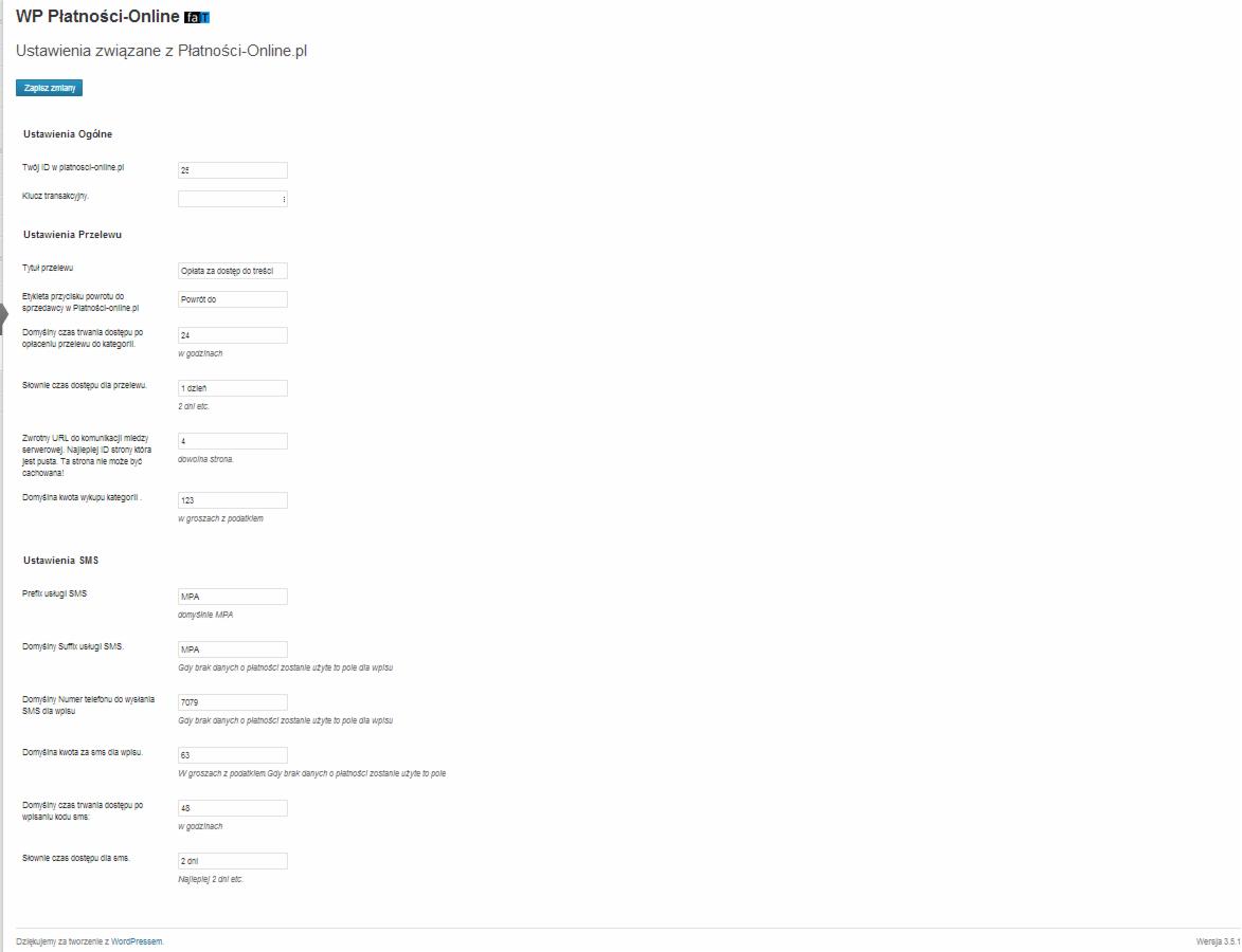 Panel konfiguracyjny wtyczki Wordpress Płatności-Online.pl, prezentujący ustawienia ogólne, przelewu i SMS.