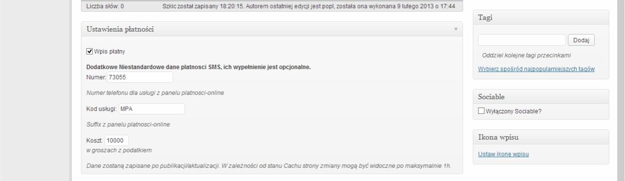 Panel administracyjny WordPress z ustawieniami modułu płatności online, widoczne pola numeru, kodu usługi, kosztu oraz opcja włączenia płatnego wpisu.