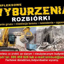 Grafika reklamowa: Żółta koparka z chwytakiem na tle gruzowiska po rozbiórce budynku, z hasłami 'Kompleksowe wyburzenia, rozbiórki' oraz danymi kontaktowymi firmy.