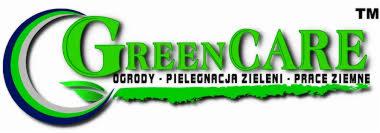 Logo firmy Greencare z zielonym napisem i hasłem 'Ogrody - Pielęgnacja Zieleni - Prace Ziemne'.