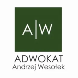 Logo kancelarii prawnej: zielony kwadrat z białymi literami A i W przedzielonymi pionową linią, pod spodem napis 'ADWOKAT Andrzej Wesołek' czcionką bezszeryfową.
