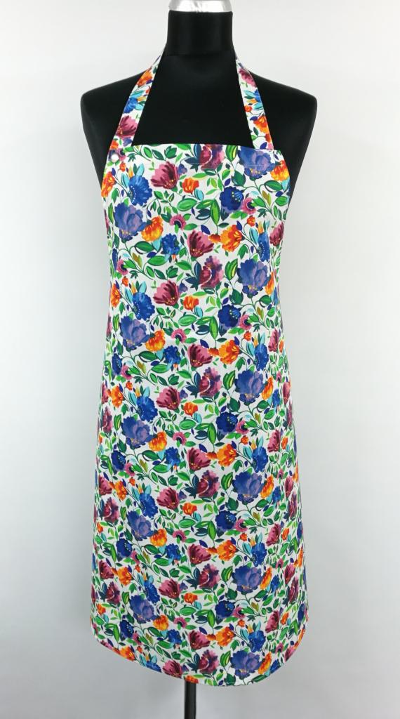 Fartuch kuchenny z kolorowym motywem kwiatowym, prezentowany na czarnym manekinie na tle białej ściany.