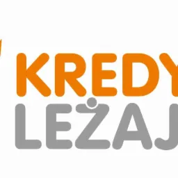 Pomarańczowe logo firmy oferującej kredyty w Leżajsku, stylizowana postać z podniesionymi rękami obok napisu KREDYTY LEŻAJSK w kolorach pomarańczowym i szarym.