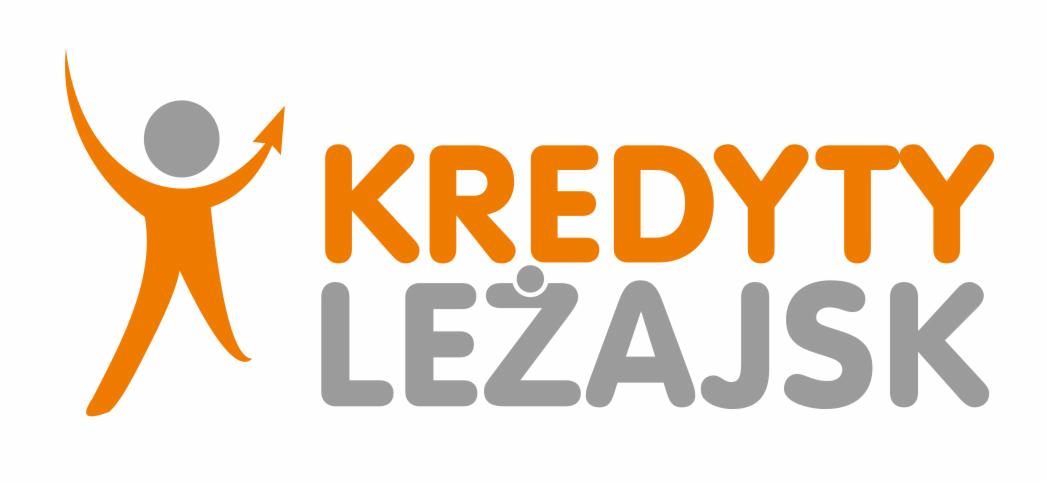 Pomarańczowe logo firmy oferującej kredyty w Leżajsku, stylizowana postać z podniesionymi rękami obok napisu KREDYTY LEŻAJSK w kolorach pomarańczowym i szarym.