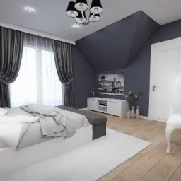 Wizualizacja sypialni na poddaszu w Tarnowie, z szarymi ścianami, białymi meblami i drewnianą podłogą, oświetlonej przez okno z szarymi zasłonami.