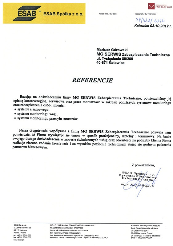Skan dokumentu referencyjnego dla firmy MG Serwis Zabezpieczenia Techniczne, wystawionego przez ESAB Spółka z o.o., potwierdzającego doświadczenie w montażu systemów alarmowych i monitoringu.