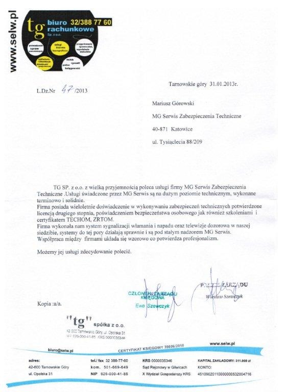 Skan referencji dla MG Serwis Zabezpieczenia Techniczne, potwierdzający wykonanie systemu sygnalizacji włamania i napadu oraz telewizji dozorowej, z pieczątkami i podpisami, wystawiony 31.01.2013...