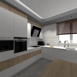 Nowoczesna kuchnia z białymi szafkami i drewnianymi akcentami. Widoczny regał na wino, piekarnik i płyta grzewcza. Aranżacja z oknem i żaluzjami.