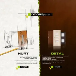 Grafika reklamowa firmy DoorSystem prezentująca ofertę hurtową i detaliczną drzwi, z lewej strony rysunek techniczny drzwi i ołówek, z prawej strony wizualizacja gotowych drzwi w różnych kolorach...