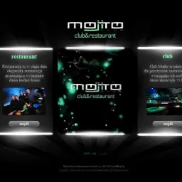 Projekt strony internetowej klubu i restauracji Mojito, prezentujący sekcje restauracji i klubu z przyciskami 'Wejdź'.