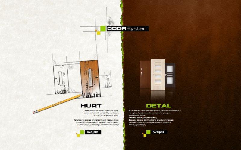 Grafika reklamowa firmy DoorSystem prezentująca ofertę hurtową i detaliczną drzwi, z lewej strony rysunek techniczny drzwi i ołówek, z prawej strony wizualizacja gotowych drzwi w różnych kolorach...