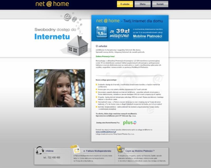 Strona internetowa operatora internetowego Net@Home z ofertą pakietu 1.5GB za 39zł miesięcznie i informacją o mobilnych płatnościach, prezentująca również zdjęcie dziecka.