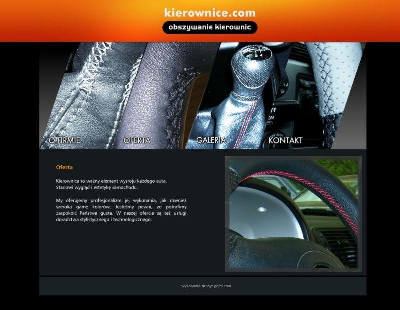Projekt strony internetowej prezentujący obszywanie kierownic samochodowych, z widocznymi fragmentami interfejsu oraz detalami obszytych elementów.