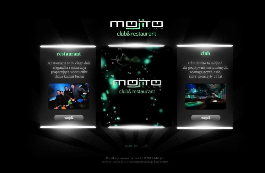 Projekt strony internetowej klubu i restauracji Mojito, prezentujący sekcje restauracji i klubu z przyciskami 'Wejdź'.