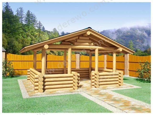 Wizualizacja altany z okrągłych bali sosnowych w Nowym Mieście Lubawskim, z widoczną konstrukcją dachu i podmurówką z kostki brukowej, na tle zielonego trawnika i drewnianego ogrodzenia.