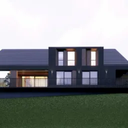 Wizualizacja nowoczesnego domu z ciemną elewacją, dużymi oknami i balkonem, usytuowanego na zielonym wzgórzu.