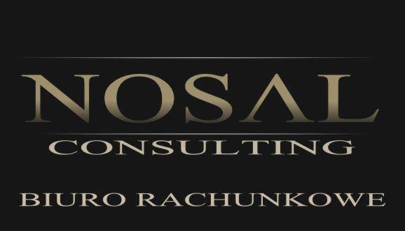 Eleganckie logo biura rachunkowego Nosal Consulting na czarnym tle, z napisem 'Biuro Rachunkowe' na dole, wykonane w kolorze złota.