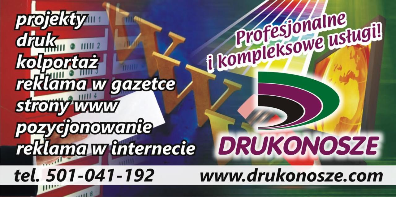 Grafika reklamowa firmy Drukonosze z listą oferowanych usług: projekty, druk, kolportaż, reklama w gazetce, strony www, pozycjonowanie, reklama w internecie, numer telefonu i adres strony...