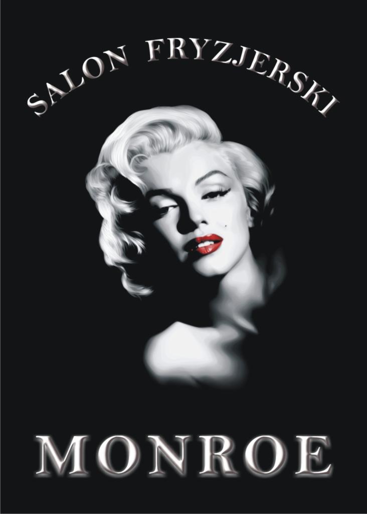 Czarno-biała grafika przedstawiająca Marilyn Monroe z czerwonymi ustami, powyżej napis 'SALON FRYZJERSKI', a poniżej 'MONROE', sugerująca tematykę fryzjerską.