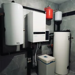 Zestaw urządzeń grzewczych w kotłowni z szarymi płytkami, zawierający biały zasobnik ciepłej wody użytkowej z logo DEM Energy, białą jednostkę centralną Panasonic, czerwony i biały zbiornik...