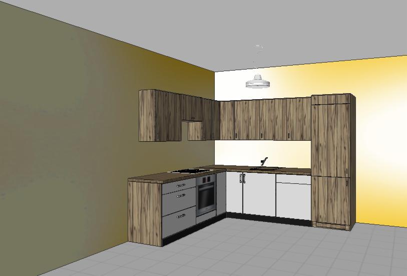Wizualizacja projektu kuchni z drewnianymi szafkami górnymi i dolnymi w odcieniach brązu i szarości, białe fronty szafek dolnych, oświetlenie punktowe.