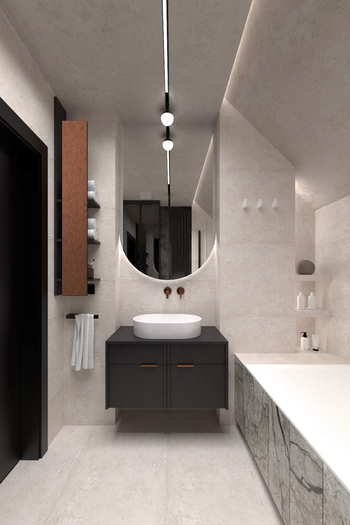 Nowoczesna łazienka z owalnym lustrem podświetlanym LED, czarną szafką pod umywalką i beżowymi płytkami. Minimalistyczny design, ciepłe oświetlenie.