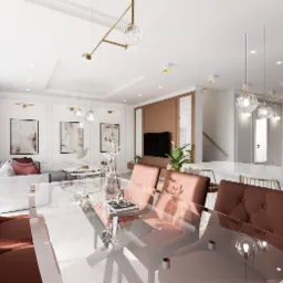 Nowoczesne wnętrze: szklany st&oacute;ł z krzesłami w kolorze terakoty, salon z sofą i telewizorem w tle, oświetlenie sufitowe z elementami złotymi.