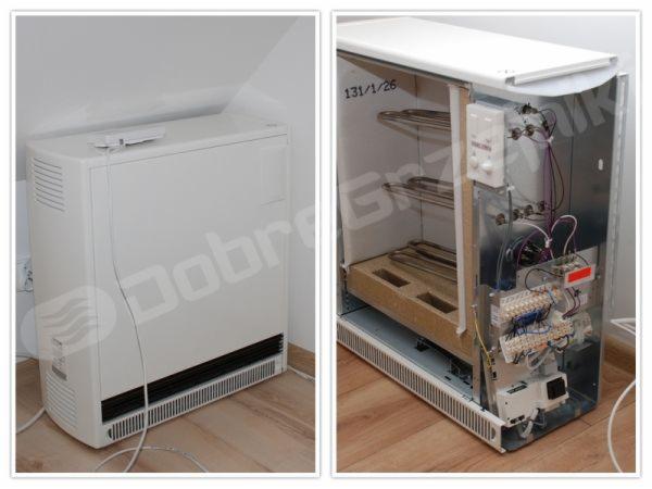 Zdjęcie przedstawia piec akumulacyjny dynamiczny Stiebel Eltron ETS 2 KW. Po lewej piec zamknięty, widoczny biały korpus i kratki wentylacyjne. Po prawej piec otwarty, ukazujący elementy grzejne...