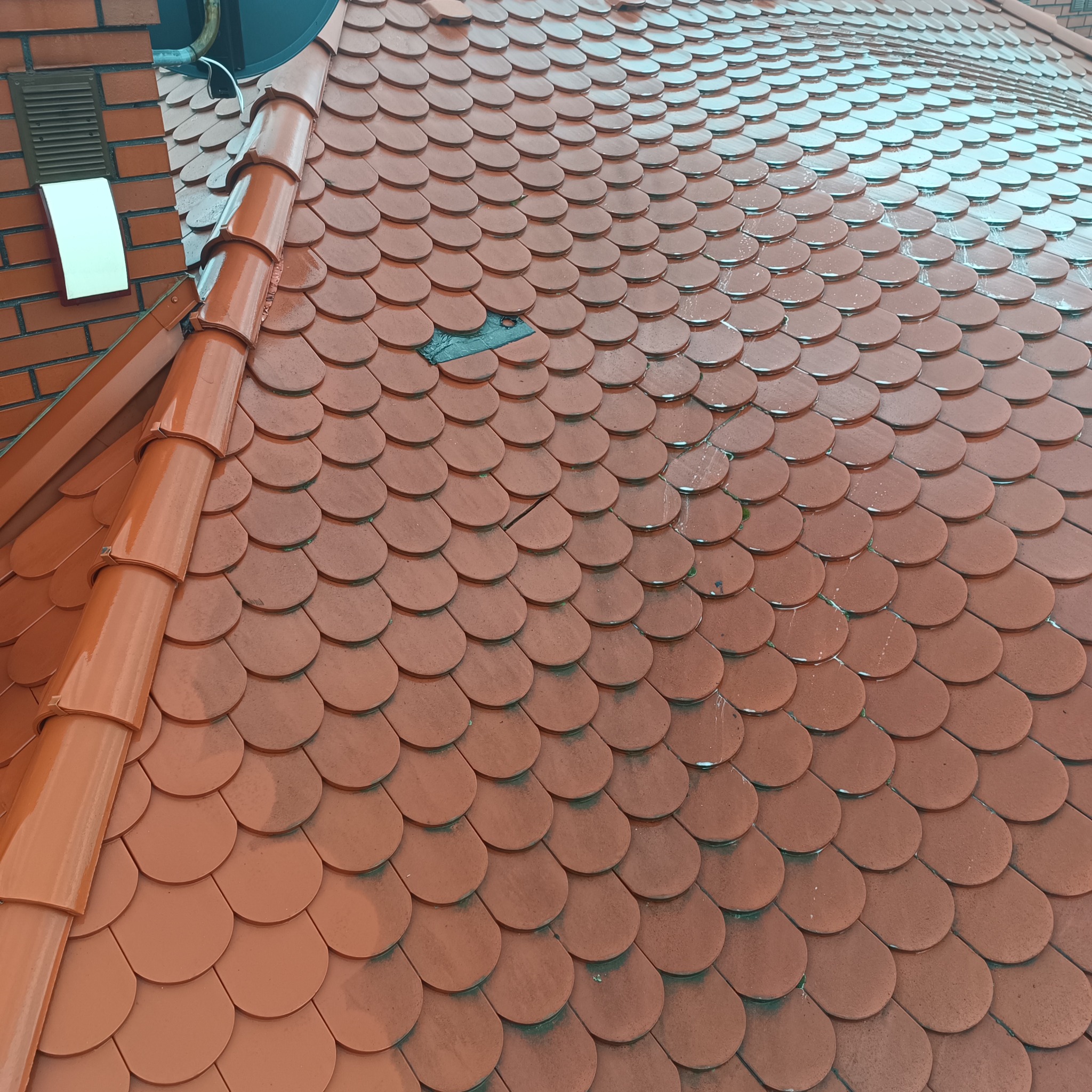 Błyszczący, pomarańczowy dach z okrągłych dachówek, z widoczną pojedynczą, uszkodzoną dachówką, sfotografowany z góry.