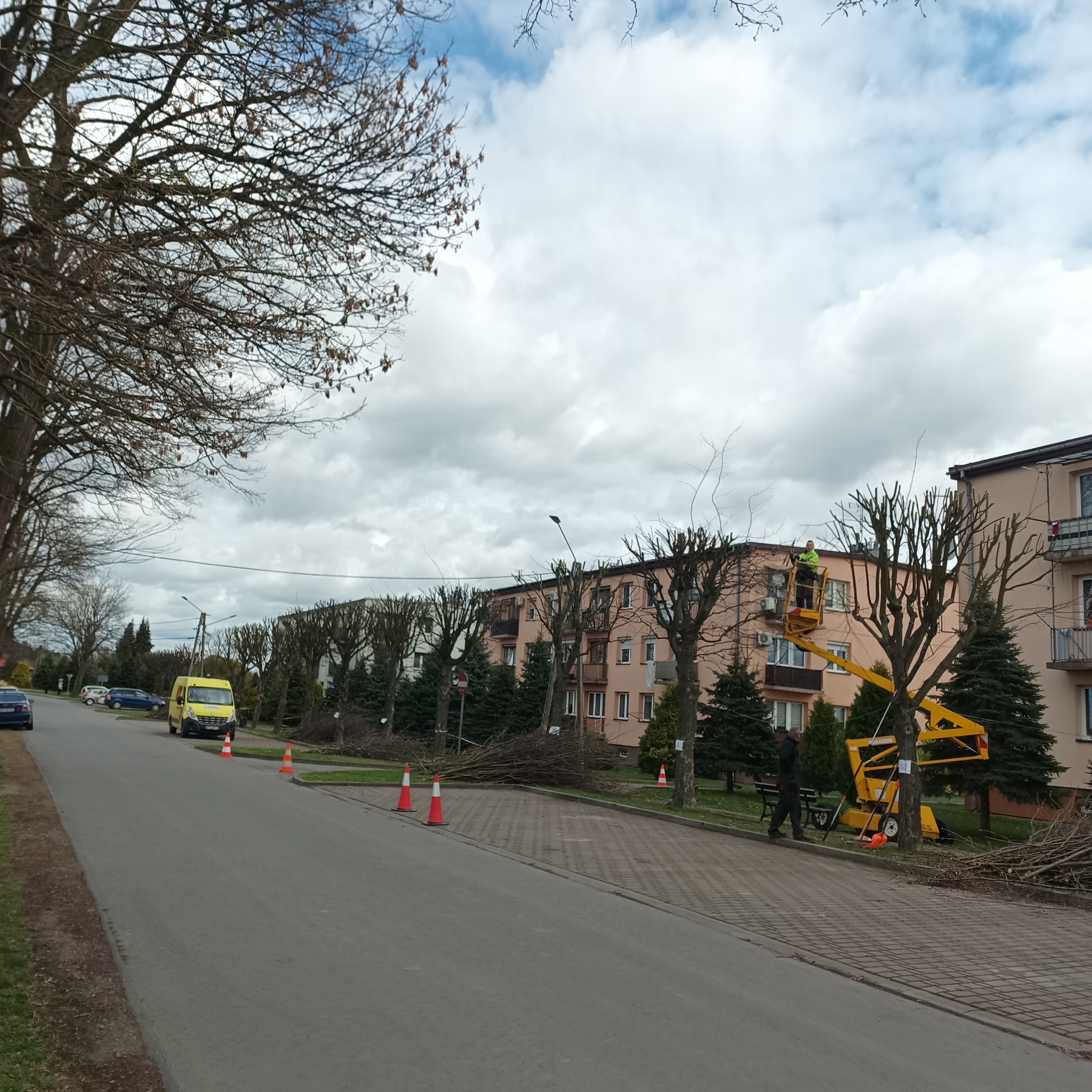 Pracownik w żółtym kombinezonie przycina drzewa z podnośnika na tle bloku mieszkalnego, z gałęziami leżącymi na chodniku i ulicy, zabezpieczonymi pomarańczowymi pachołkami.