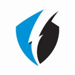 Logo firmy w kształcie tarczy z symbolem błyskawicy w kolorach niebieskim i czarnym na białym tle.