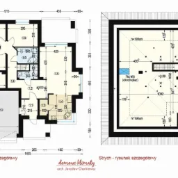 Rzut szczegółowy parteru i strychu domu z wymiarami, oknami i rozmieszczeniem pomieszczeń, z logo firmy architektonicznej w dolnej części.