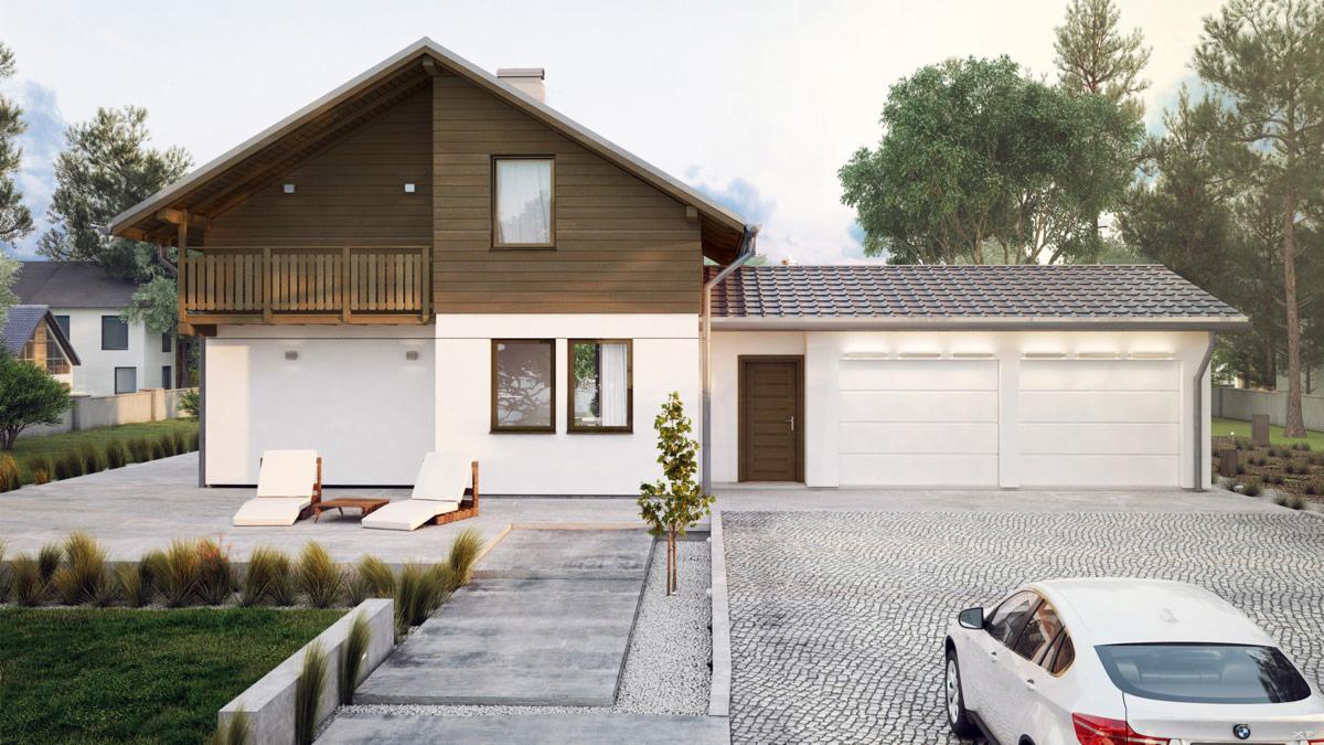 Nowoczesny dom szkieletowy z garażem, drewnianą elewacją i balkonem. Na podjeździe biały samochód, a przed domem leżaki.