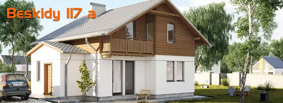 Wizualizacja domu z brązową drewnianą elewacją na piętrze i białym parterem, z balkonem i szarym dachem. Na pierwszym planie samochód i zieleń.