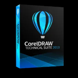 Pudełko oprogramowania CorelDRAW Technical Suite 2019, z logo balonu w odcieniach niebieskiego i czerni, ustawione na czarnym tle.