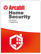 Grafika reklamowa oprogramowania antywirusowego Arcabit Home Security z symbolem biohazardu i stylizowanym logo domu w formie tarczy na pomarańczowo-białym tle.