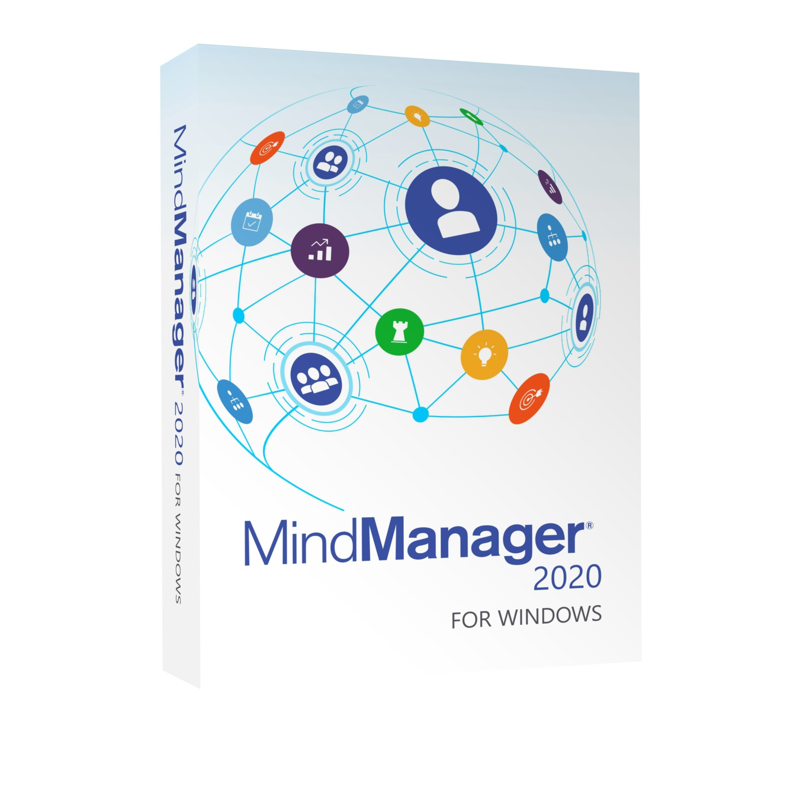 Pudełko oprogramowania MindManager 2020 for Windows, z grafiką przedstawiającą sieć połączeń i ikon symbolizujących różne aspekty zarządzania i planowania.