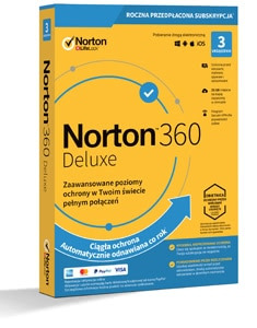 Pudełko oprogramowania antywirusowego Norton 360 Deluxe z roczną subskrypcją, prezentujące zaawansowane poziomy ochrony i automatyczne odnawianie, z widocznymi logotypami akceptowanych kart...