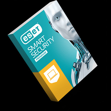 Pudełko oprogramowania antywirusowego ESET Smart Security Premium, prezentowane pod kątem na czarnym tle. Grafika na pudełku przedstawia futurystyczną, srebrną głowę robota. Dostępne w Warszawie.
