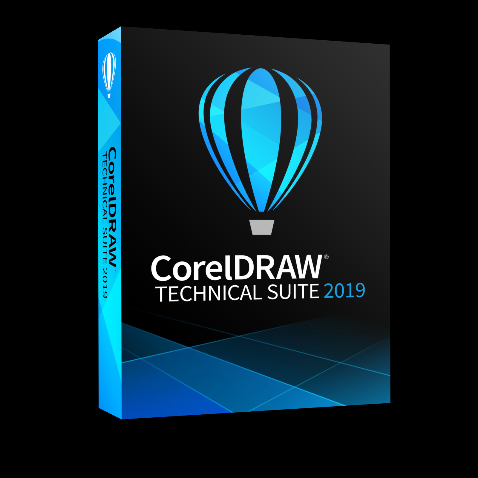 Pudełko oprogramowania CorelDRAW Technical Suite 2019, z logo balonu w odcieniach niebieskiego i czerni, ustawione na czarnym tle.