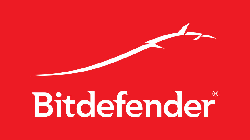 Logo firmy Bitdefender na czerwonym tle, przedstawiające stylizowany symbol graficzny przypominający ptaka w locie nad nazwą firmy.