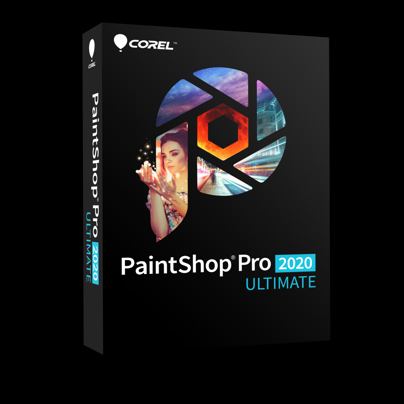 Pudełko oprogramowania Corel PaintShop Pro 2020 Ultimate, z grafiką przedstawiającą kobietę manipulującą światłem na tle kolażu zdjęć w kształcie przesłony obiektywu.