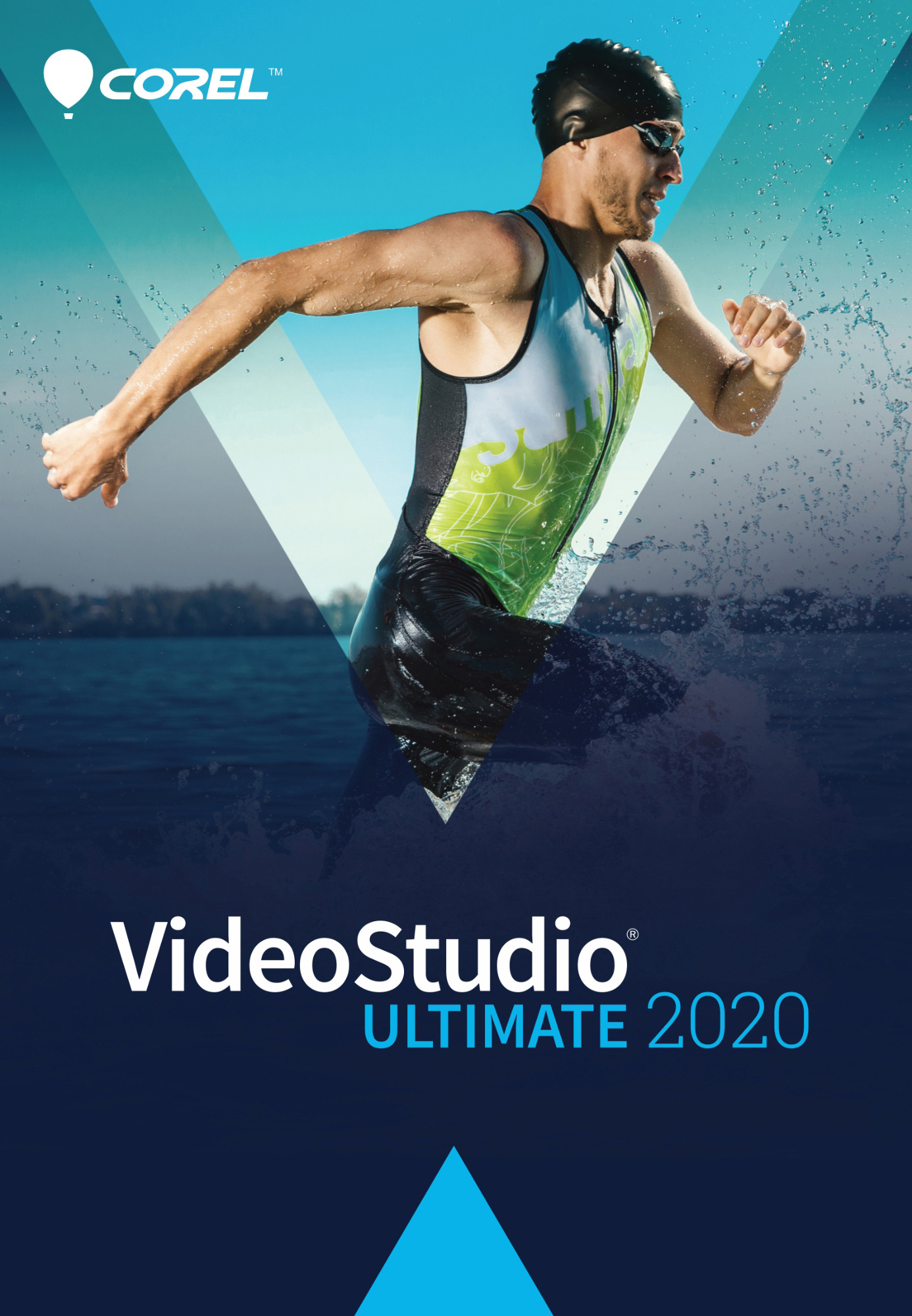 Okładka oprogramowania Corel VideoStudio Ultimate 2020 z wizerunkiem mężczyzny w stroju triathlonowym biegnącego w wodzie, z efektem rozprysku wody.