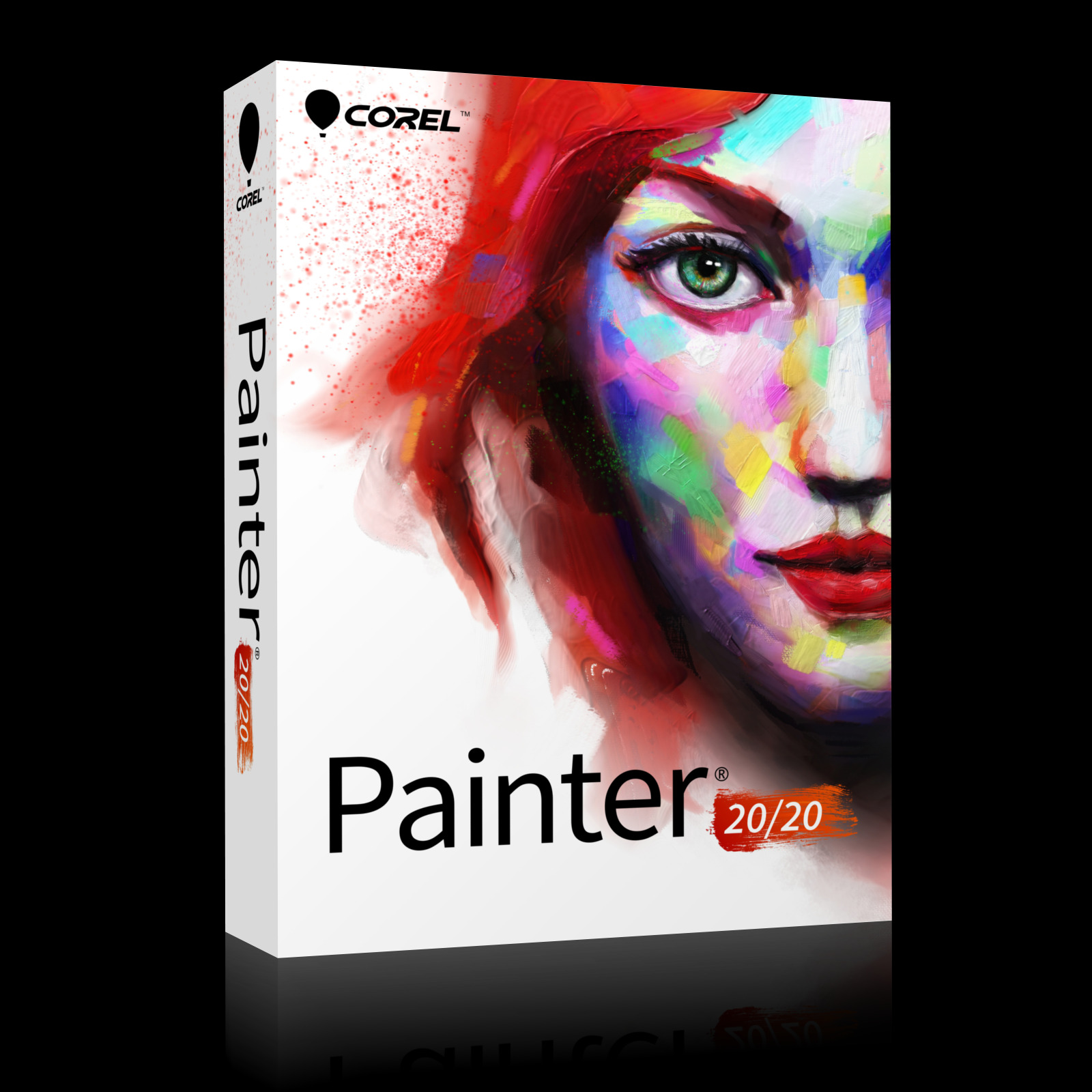 Pudełko oprogramowania Corel Painter 2020 z artystyczną ilustracją kobiety, widoczne logo Corel i nazwa produktu Painter, całość na czarnym tle z odbiciem.
