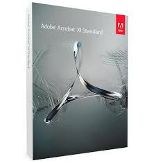 Pudełko oprogramowania Adobe Acrobat XI Standard z widocznym logo Adobe i charakterystycznym symbolem PDF na szarym tle z abstrakcyjnymi, srebrnymi elementami graficznymi.