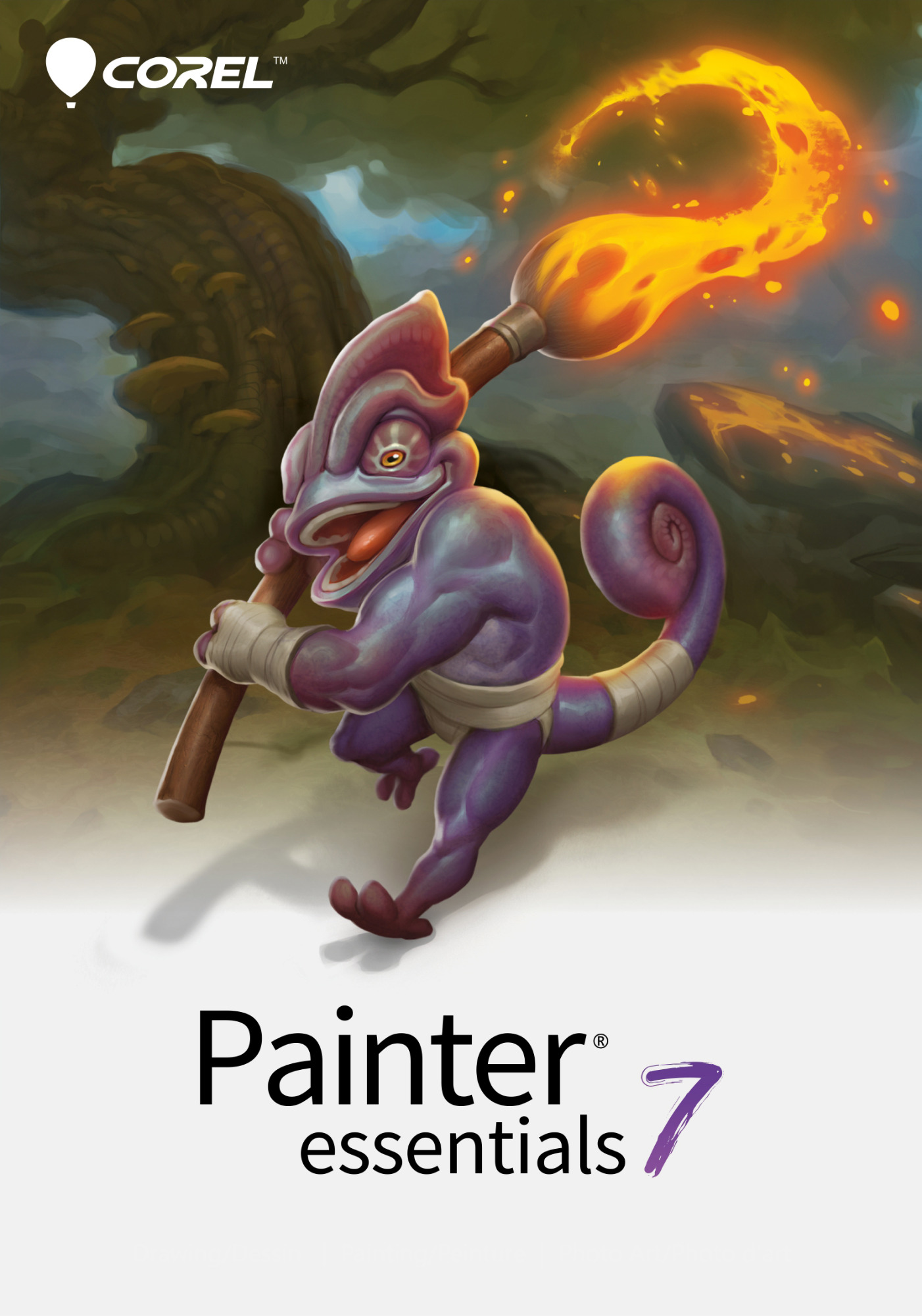 Grafika przedstawiająca fioletowego kameleona z pędzlem, z którego tryska ogień, na tle drzewa i logo Corel Painter Essentials 7.