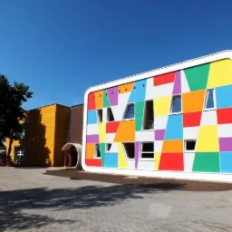 Kolorowy budynek z geometrycznym wzorem na fasadzie, widoczny pod błękitnym niebem. Żółty budynek w tle i drzewo po lewej stronie.