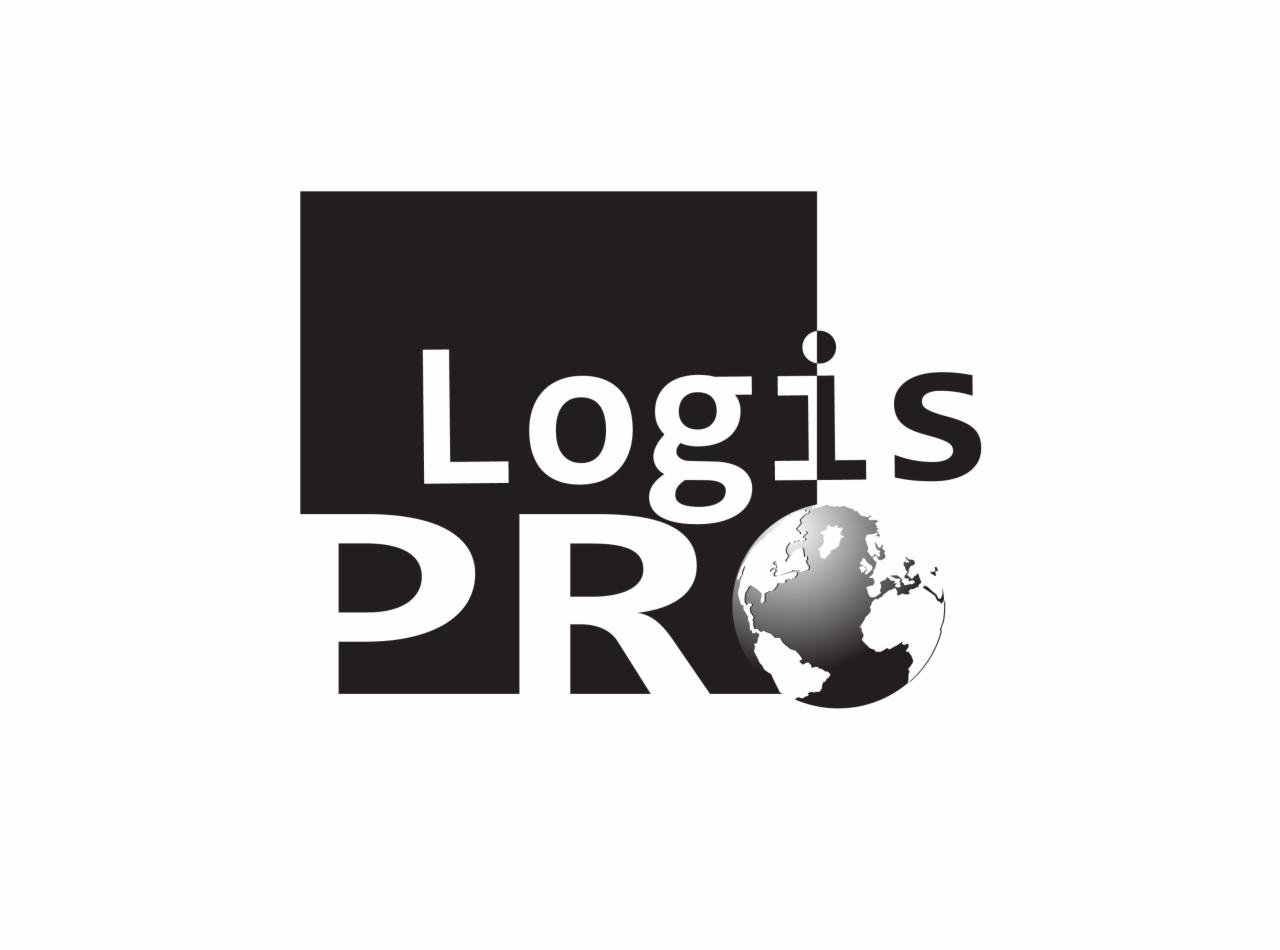 Logo firmy Logis PRO z globusem symbolizującym globalny zasięg usług transportowych.