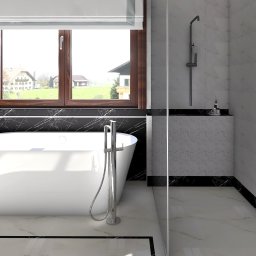 Pracownia na nowo - Nowoczesna łazienka z wolnostojącą wanną, marmurowymi płytkami i oknem z widokiem na wiejski krajobraz. Chromowana armatura i minimalistyczny design.